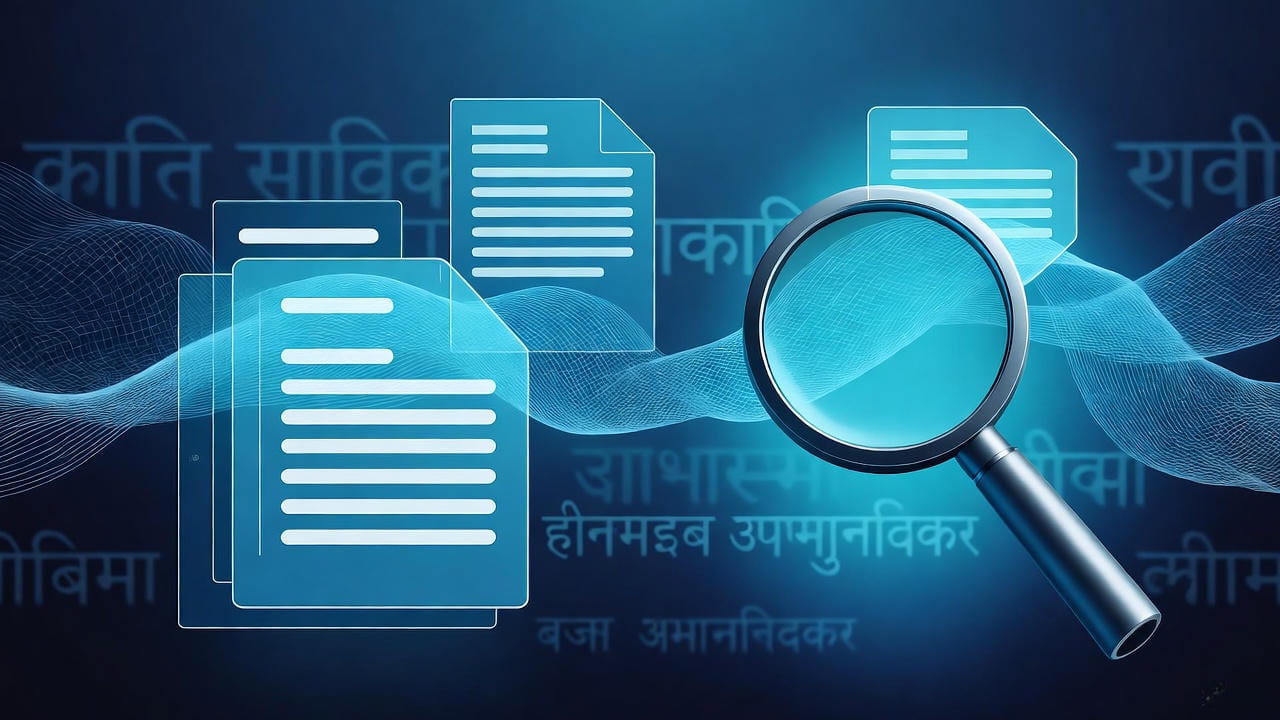 Magnifying glass examining multiple digital documents with text data and wave-like connections on a blue background, symbolizing data analysis, document search, information retrieval, SEO content research, and digital information processing.
